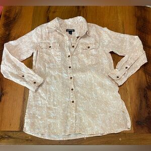 Lands’ End 100% Linen Lightweight Long Sleeve White w/ Tan Floral Print Top, Sml